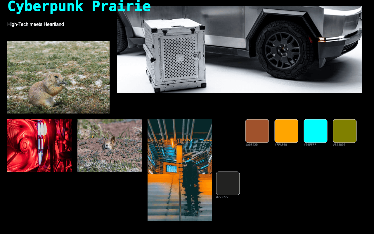 Complete Cyberpunk Prairie moodboard layout with reference images and color palette