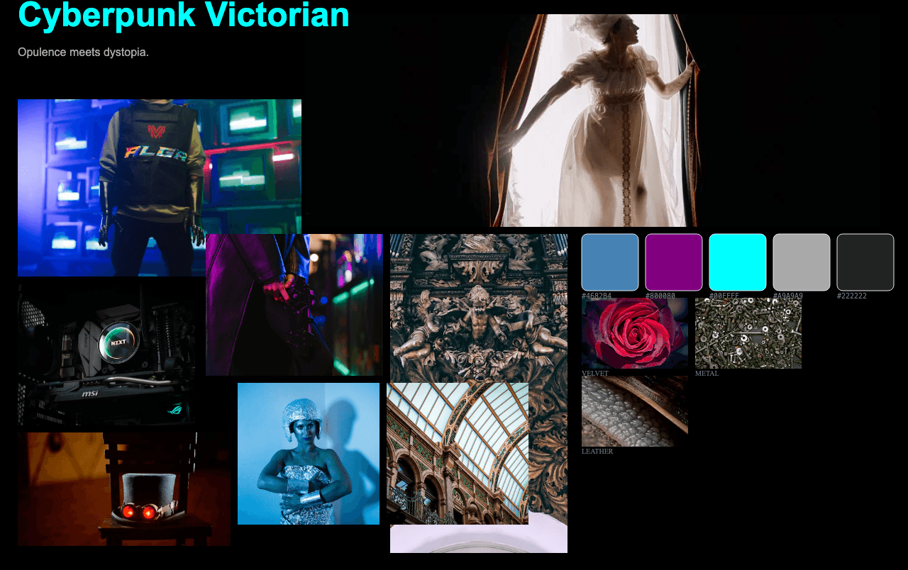Complete Cyberpunk Victorian moodboard layout with reference images and color palette