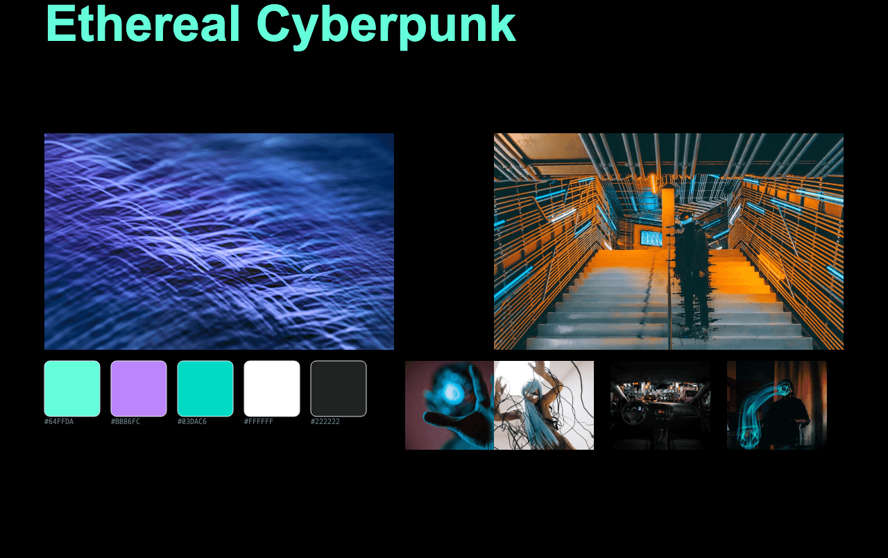Complete Ethereal Cyberpunk moodboard layout with reference images and color palette
