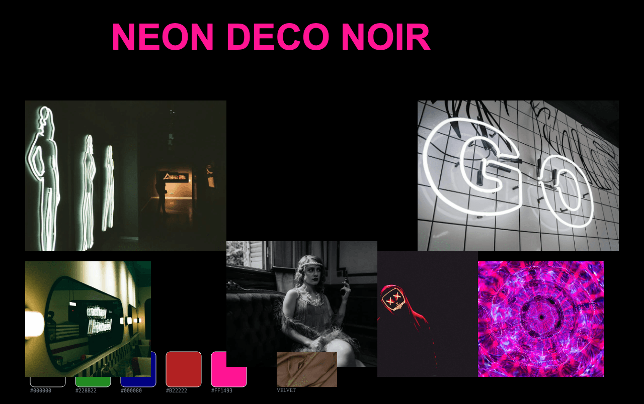 Complete Neon Deco Noir moodboard layout with reference images and color palette