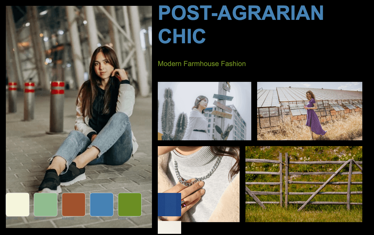 Complete Post-Agrarian Chic moodboard layout with reference images and color palette
