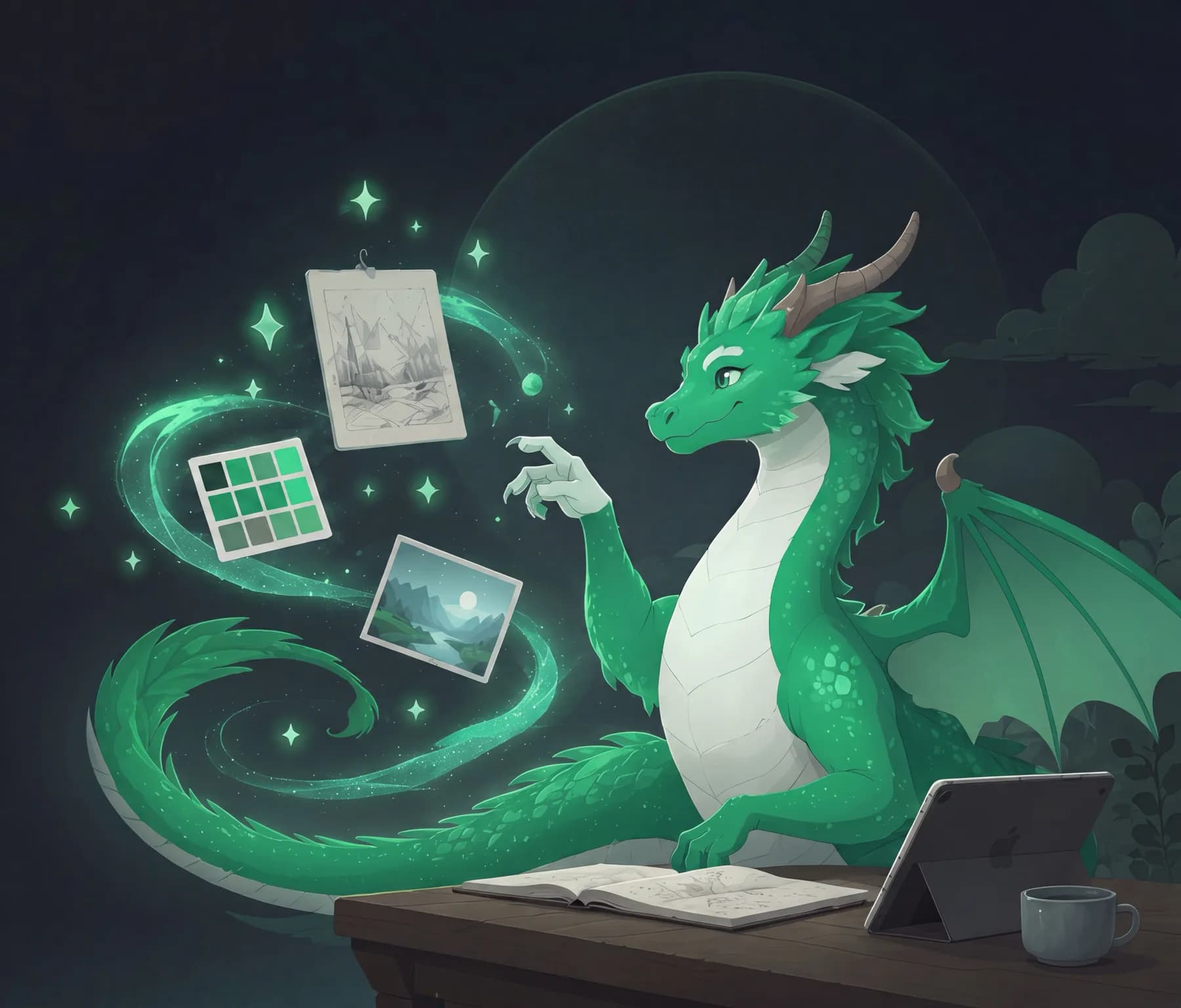 Draggen's dragon mascot conjuring moodboard cards, a color palette, and sketches out of green sparks