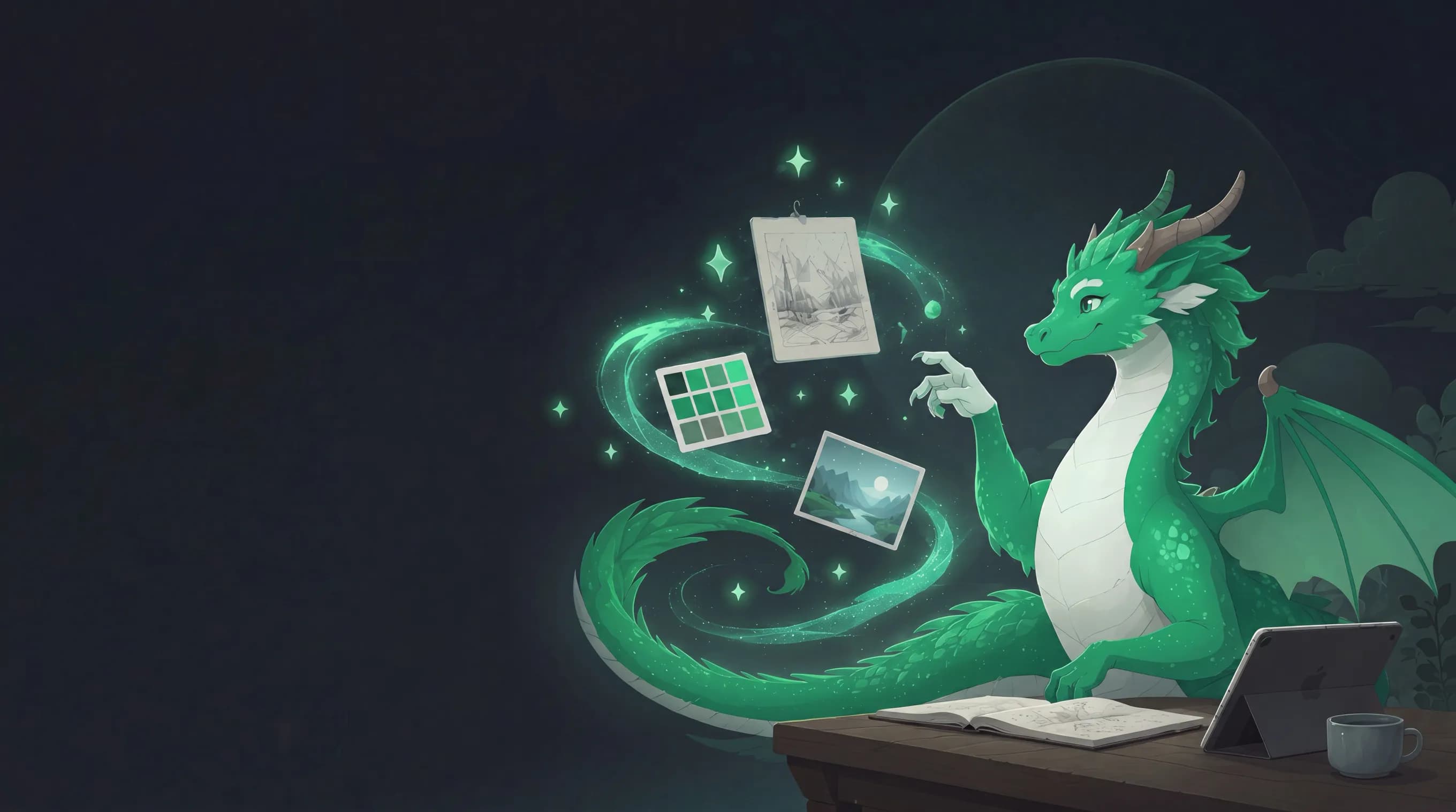 Draggen's dragon mascot conjuring moodboard cards, a color palette, and sketches out of green sparks