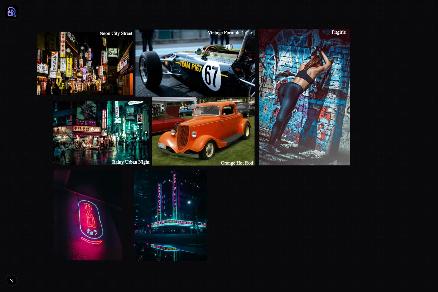 A Draggen board arranging neon city, racing, fashion, and color references on an infinite canvas