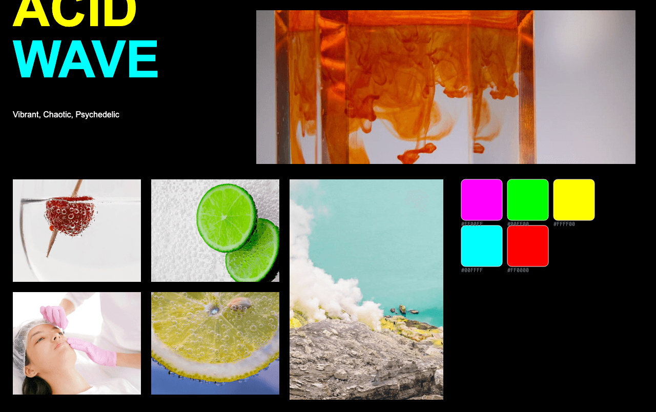 Complete Acid Wave moodboard layout with reference images and color palette