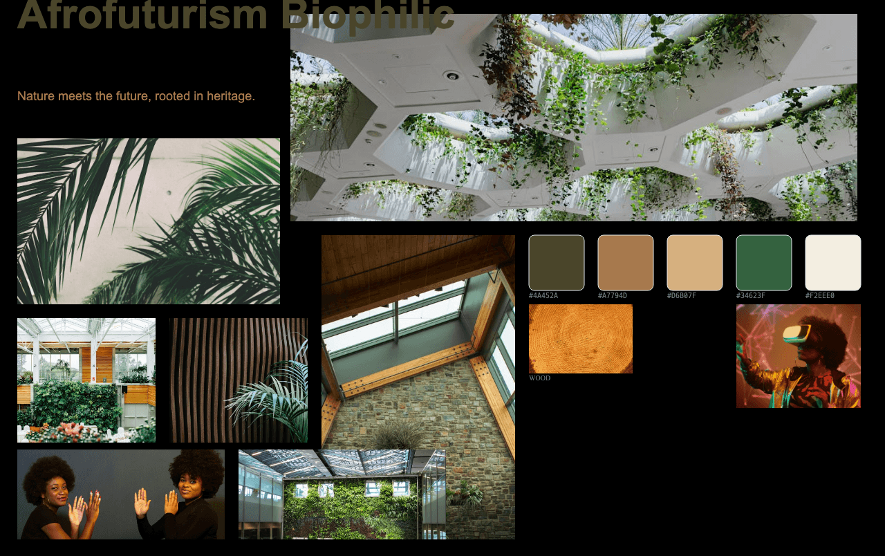Complete Afrofuturism Biophilic moodboard layout with reference images and color palette