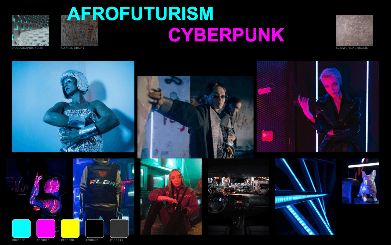 Complete Afrofuturism Cyberpunk moodboard layout with reference images and color palette