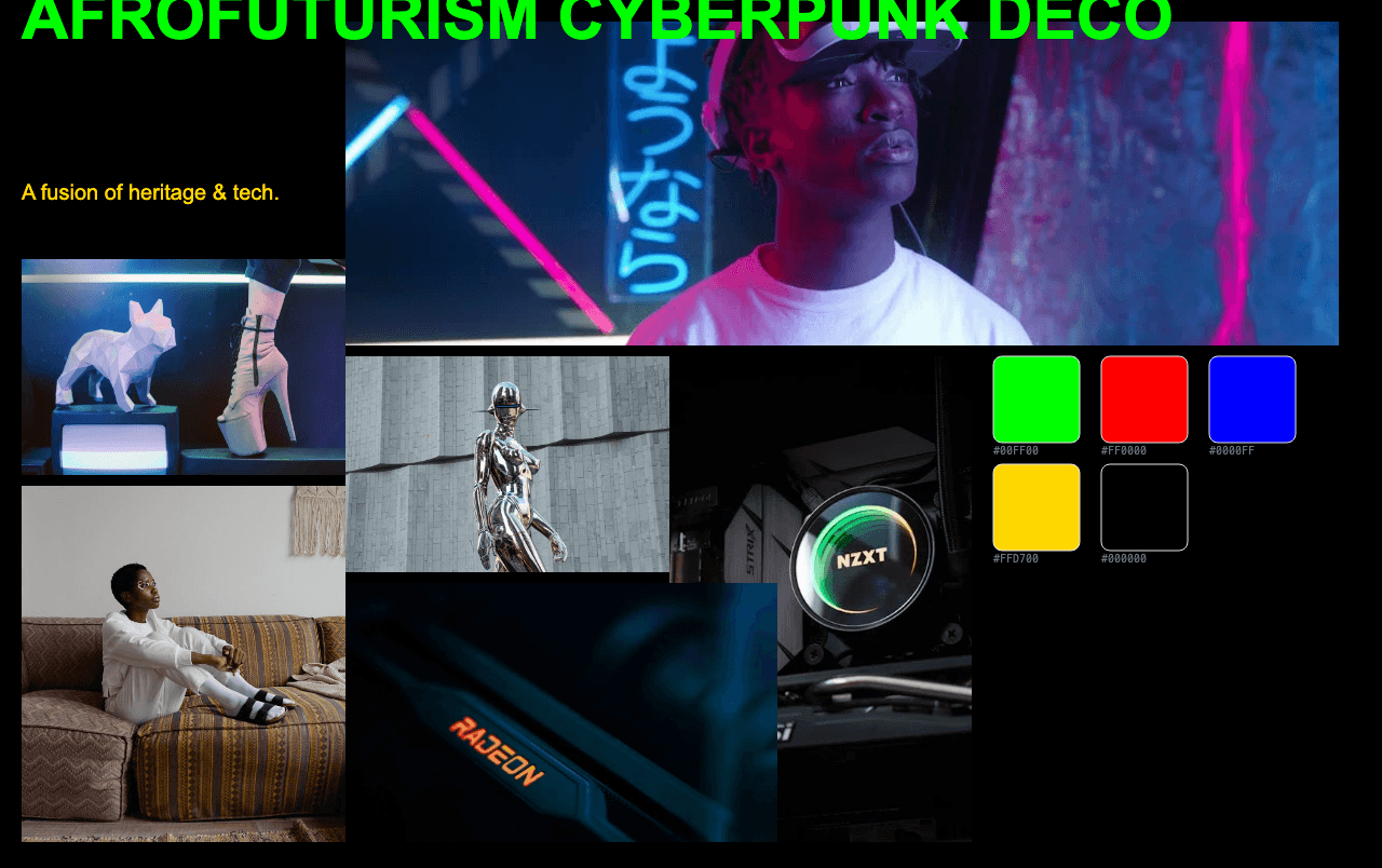 Complete Afrofuturism Cyberpunk Deco moodboard layout with reference images and color palette