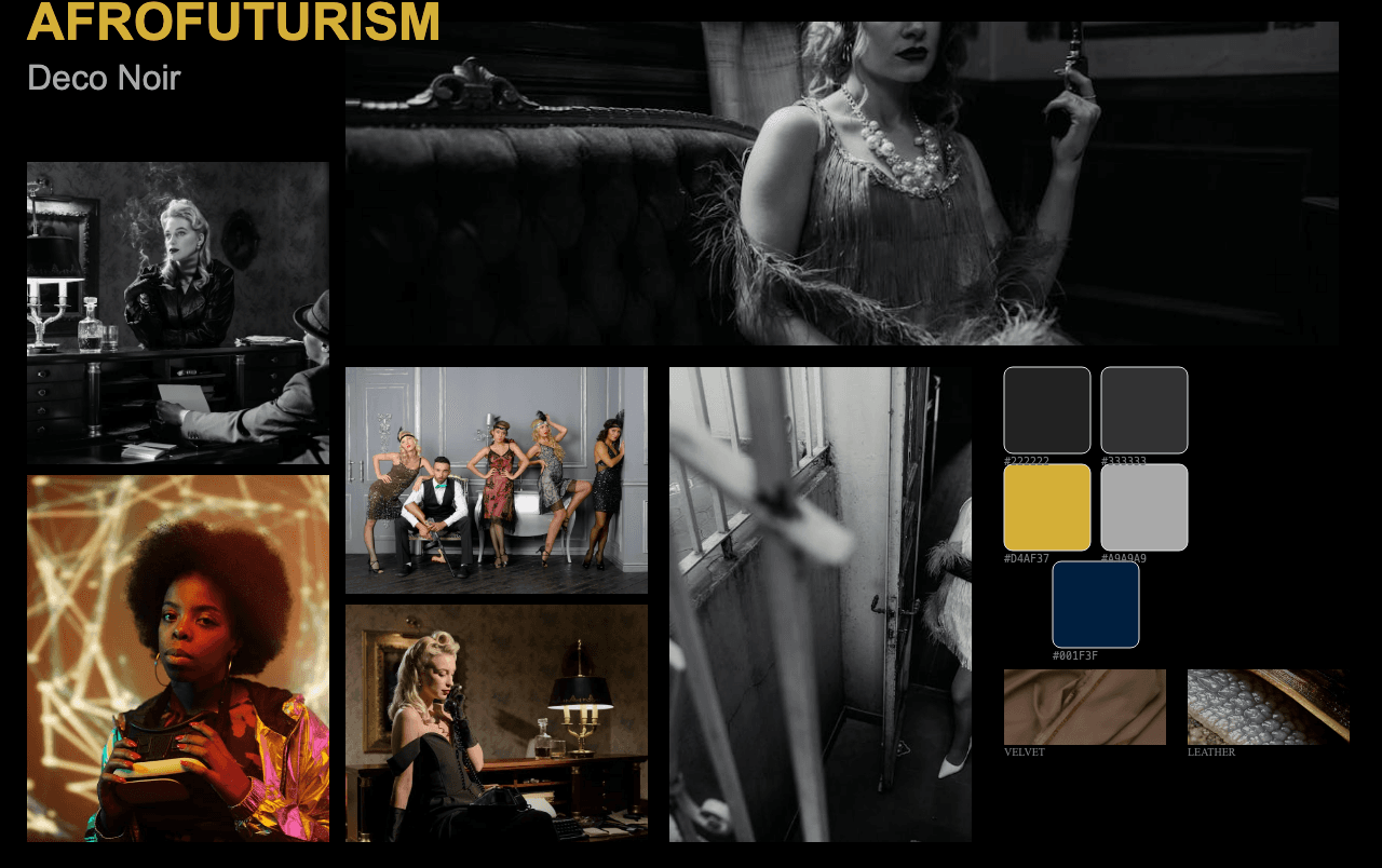 Complete Afrofuturism Deco Noir moodboard layout with reference images and color palette