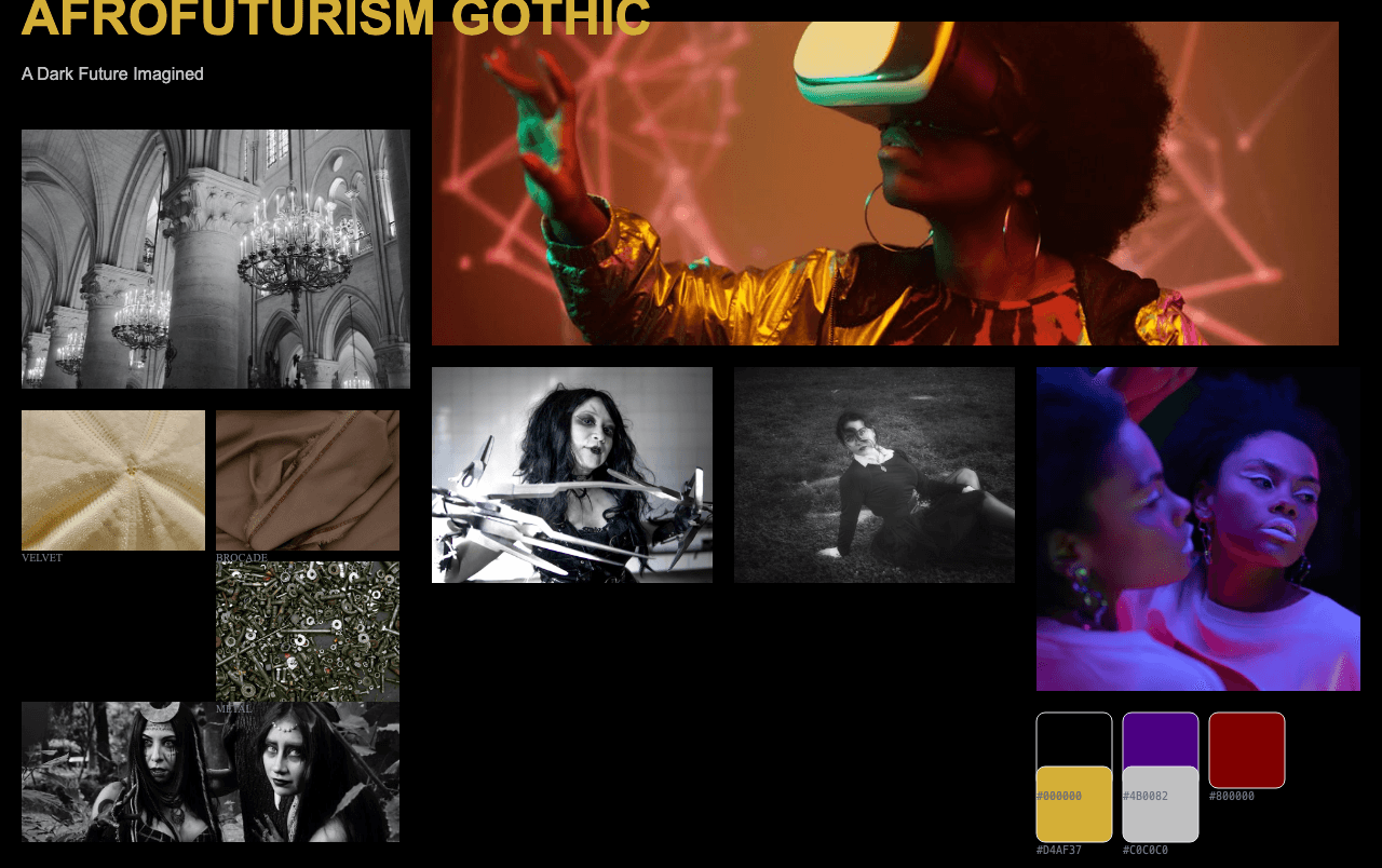 Complete Afrofuturism Gothic moodboard layout with reference images and color palette