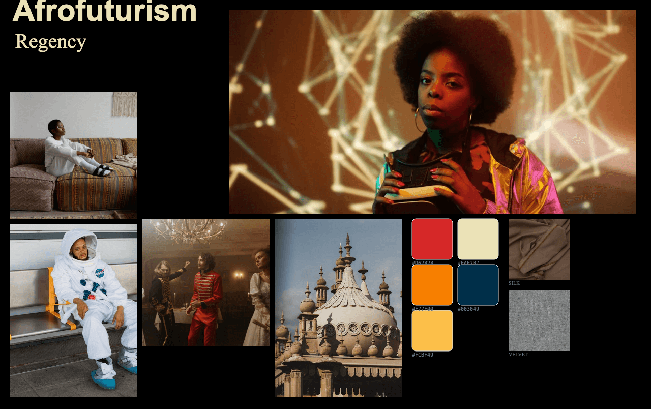 Complete Afrofuturism Regency moodboard layout with reference images and color palette