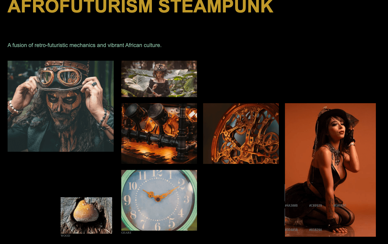 Complete Afrofuturism Steampunk moodboard layout with reference images and color palette