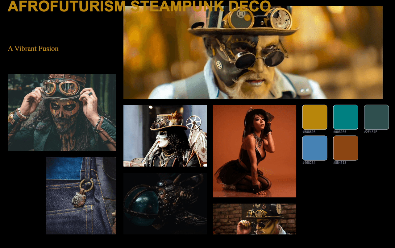 Complete Afrofuturism Steampunk Deco moodboard layout with reference images and color palette