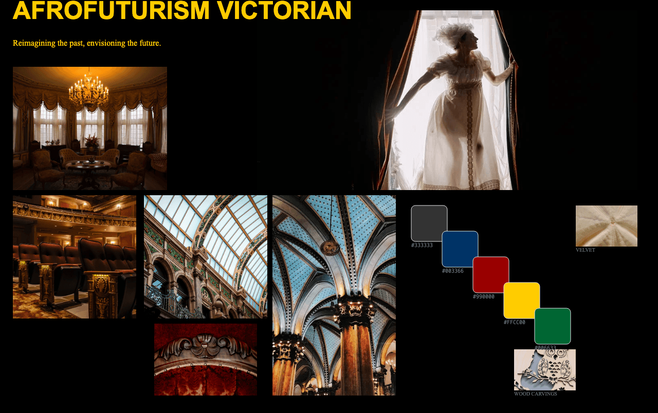 Complete Afrofuturism Victorian moodboard layout with reference images and color palette