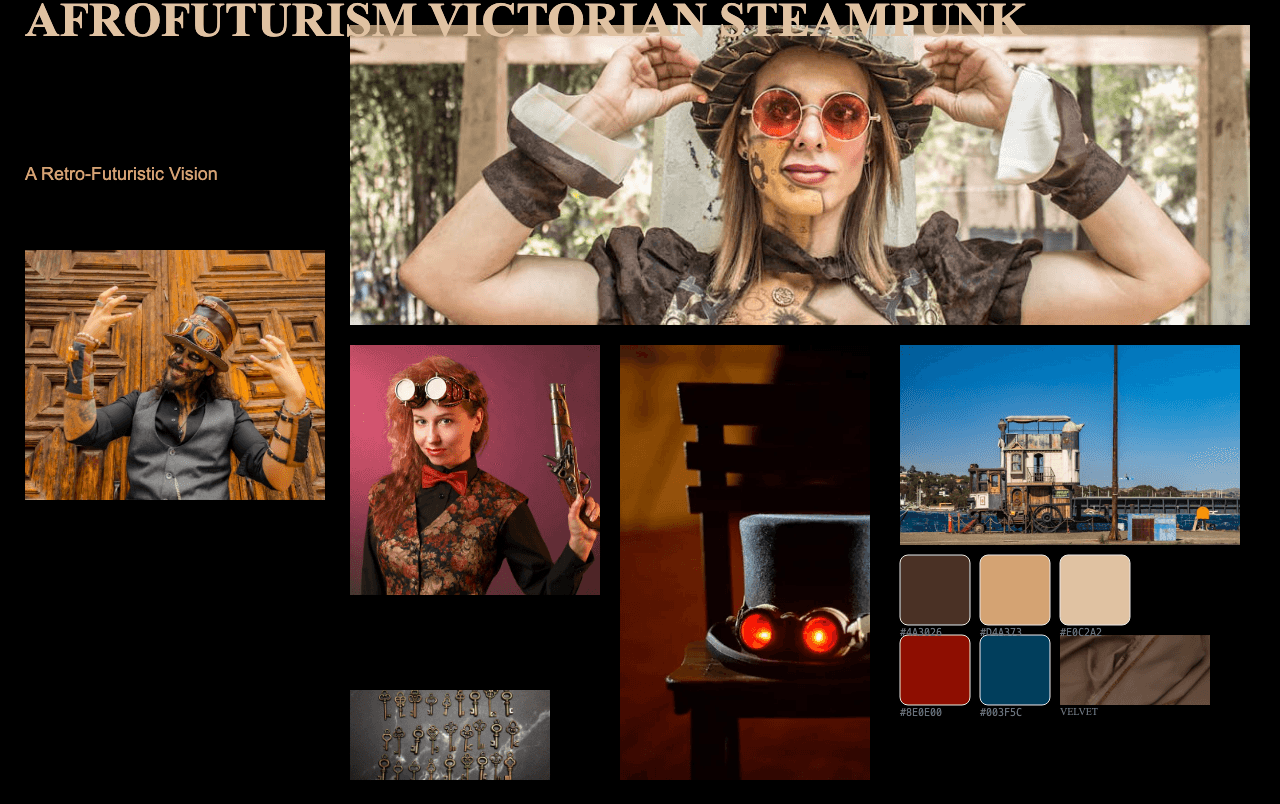 Complete Afrofuturism Victorian Steampunk moodboard layout with reference images and color palette