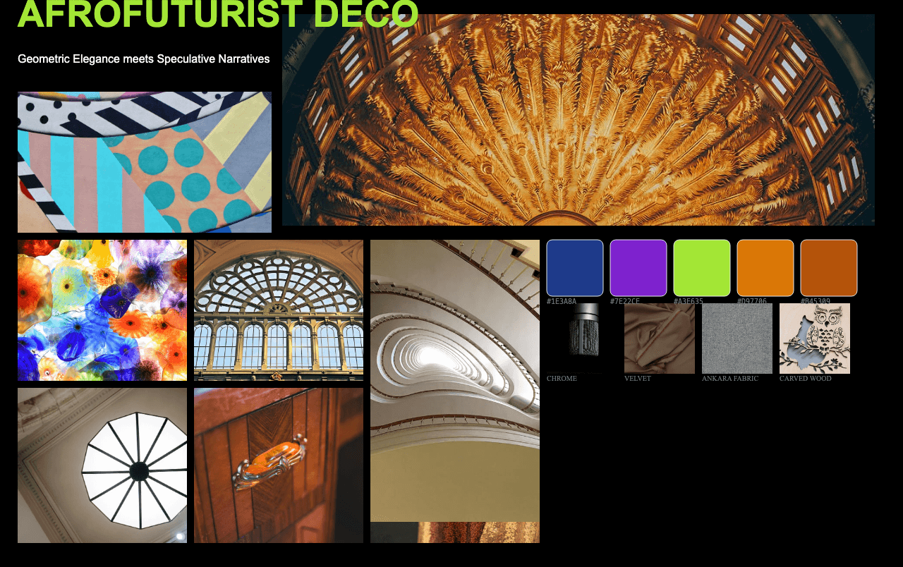 Complete Afrofuturist Deco moodboard layout with reference images and color palette