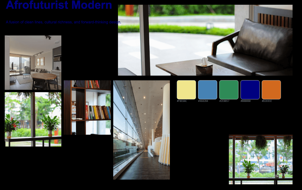 Complete Afrofuturist Modern moodboard layout with reference images and color palette