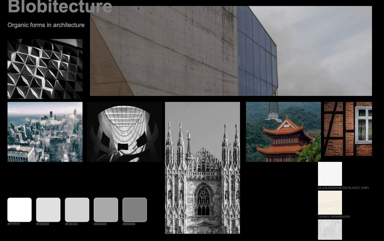 Complete Blobitecture moodboard layout with reference images and color palette