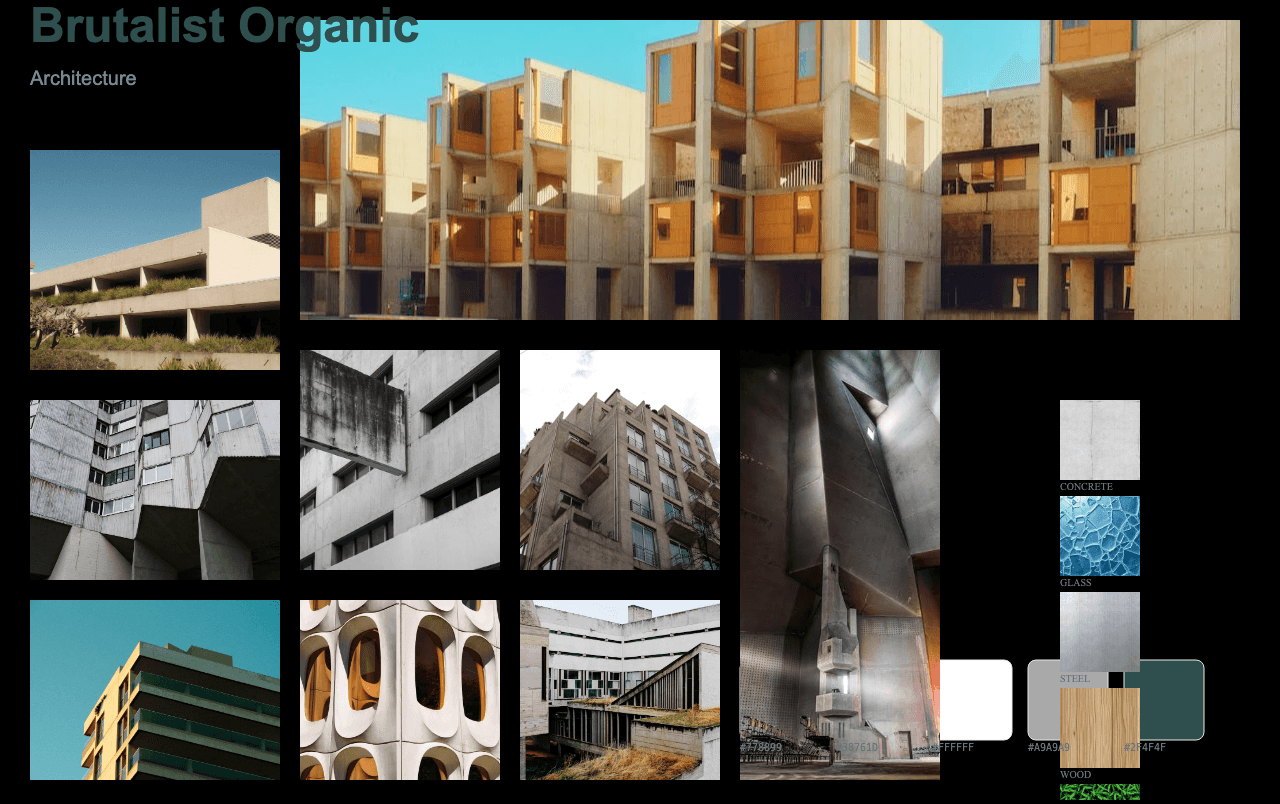 Complete Brutalist Organic moodboard layout with reference images and color palette