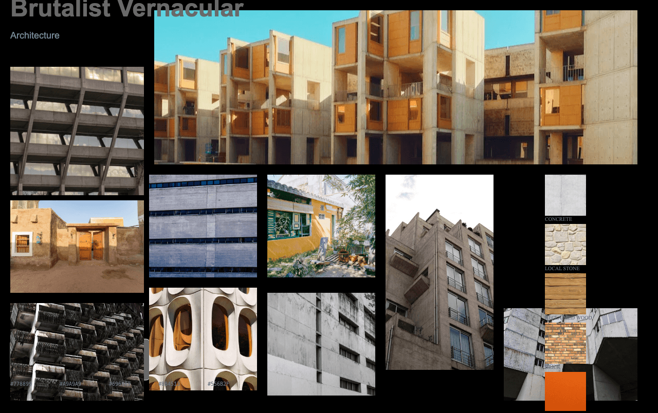 Complete Brutalist Vernacular Architecture moodboard layout with reference images and color palette