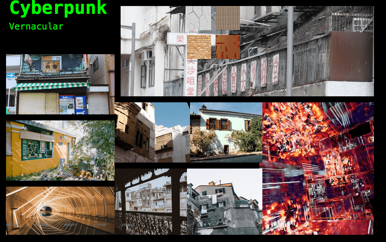 Complete Cyberpunk Vernacular moodboard layout with reference images and color palette