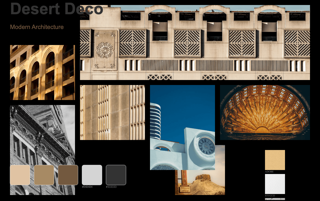 Complete Desert Deco Modern Architecture moodboard layout with reference images and color palette
