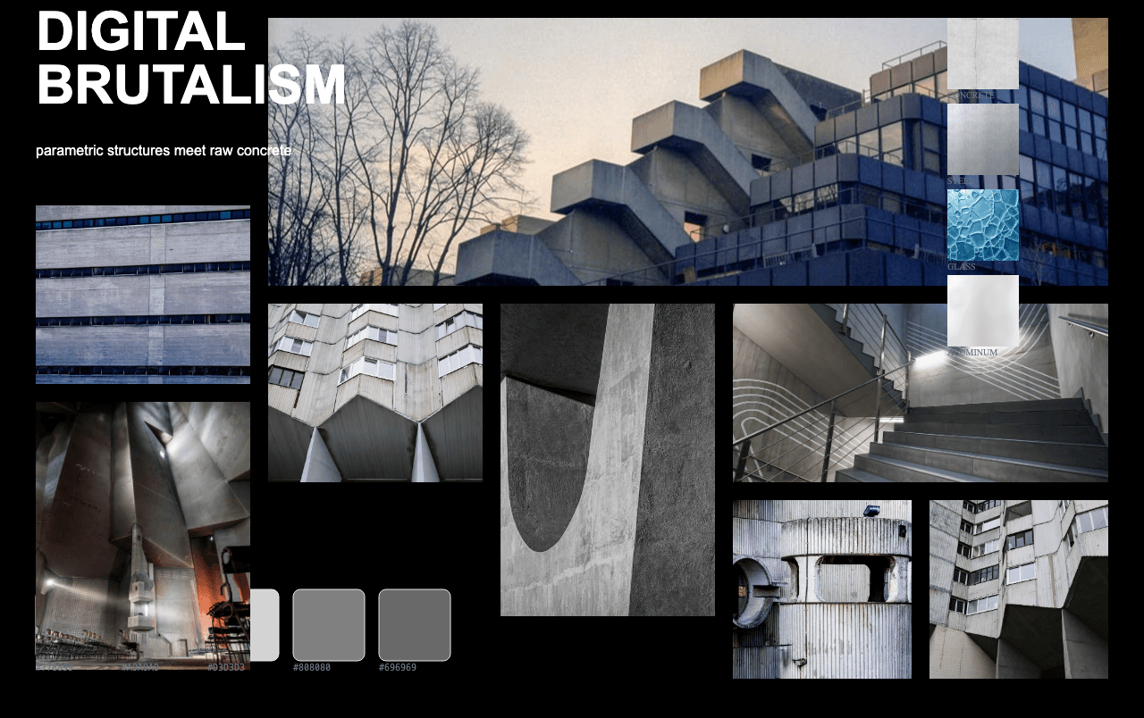 Complete Digital Brutalism moodboard layout with reference images and color palette