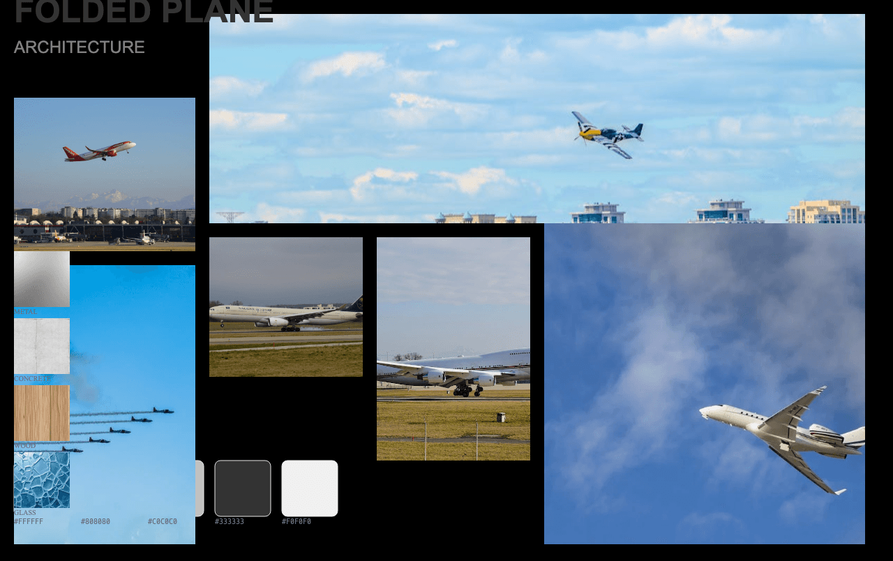 Complete Folded Plane Architecture moodboard layout with reference images and color palette