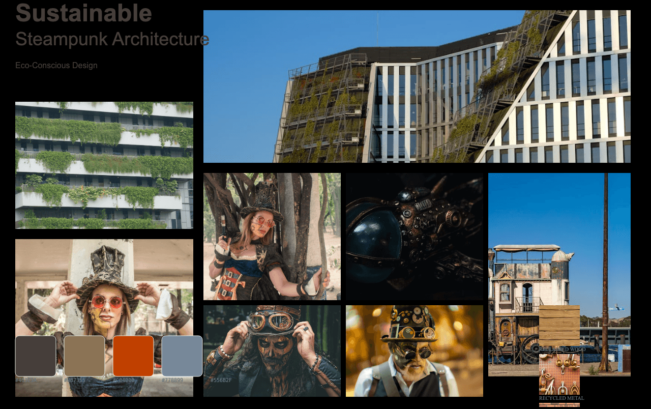 Complete Sustainable Steampunk Architecture moodboard layout with reference images and color palette