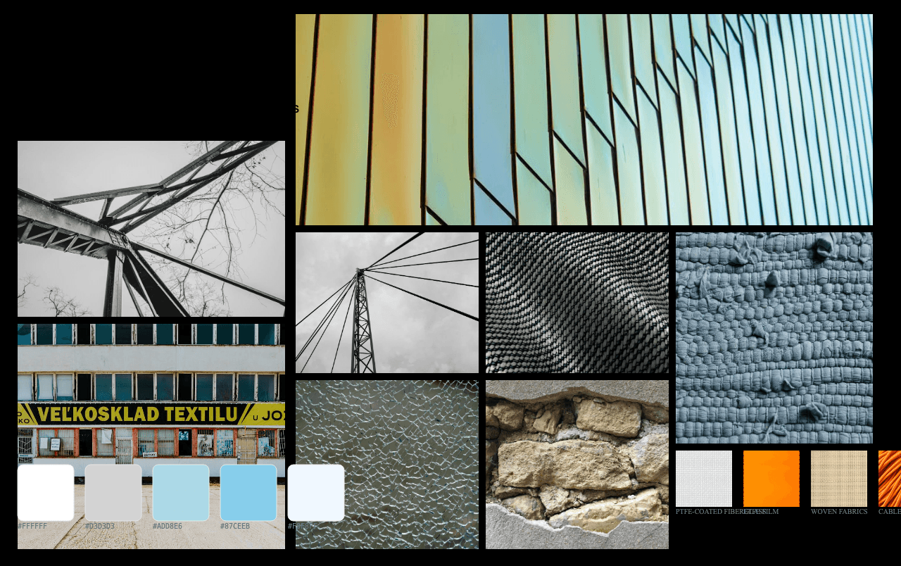Complete Textile Tectonics moodboard layout with reference images and color palette