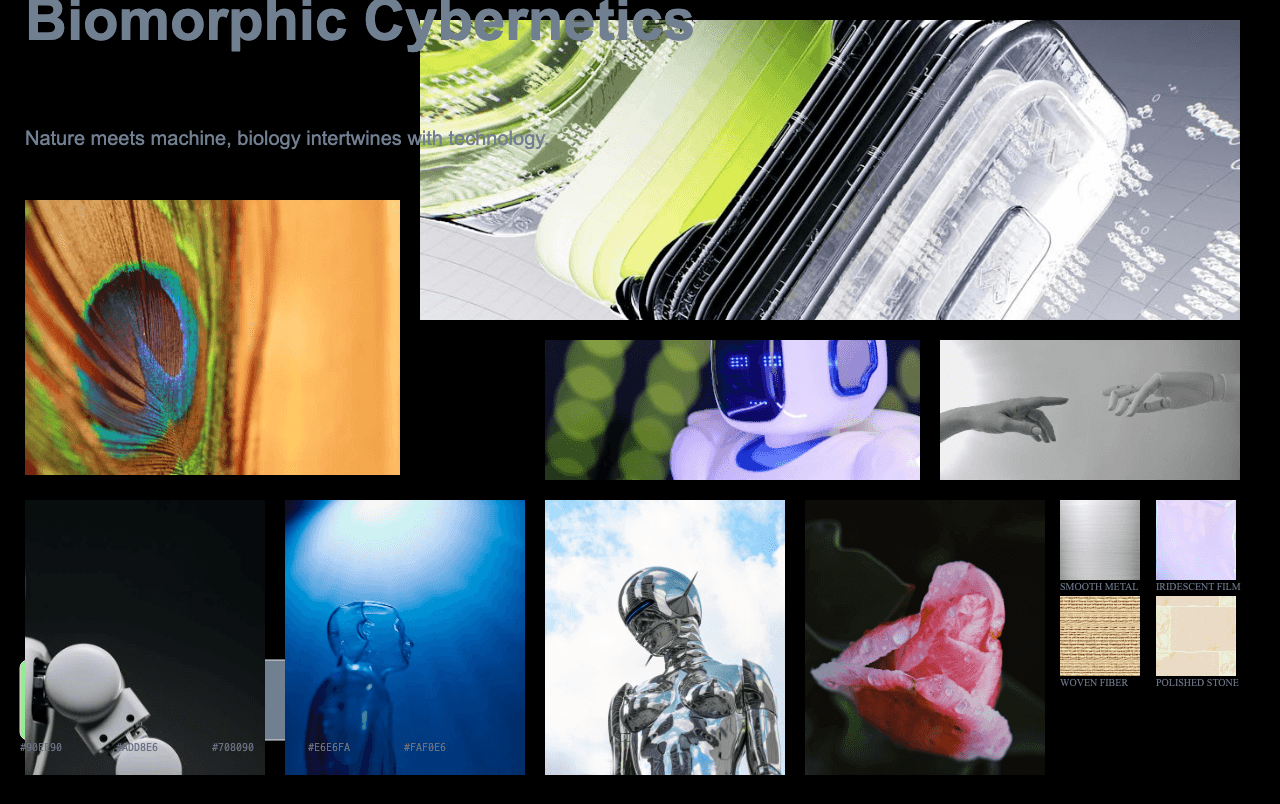 Complete Biomorphic Cybernetics moodboard layout with reference images and color palette