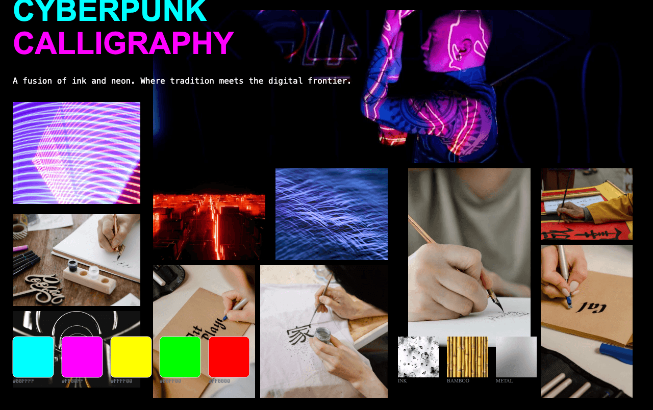 Complete Cyberpunk Calligraphy moodboard layout with reference images and color palette