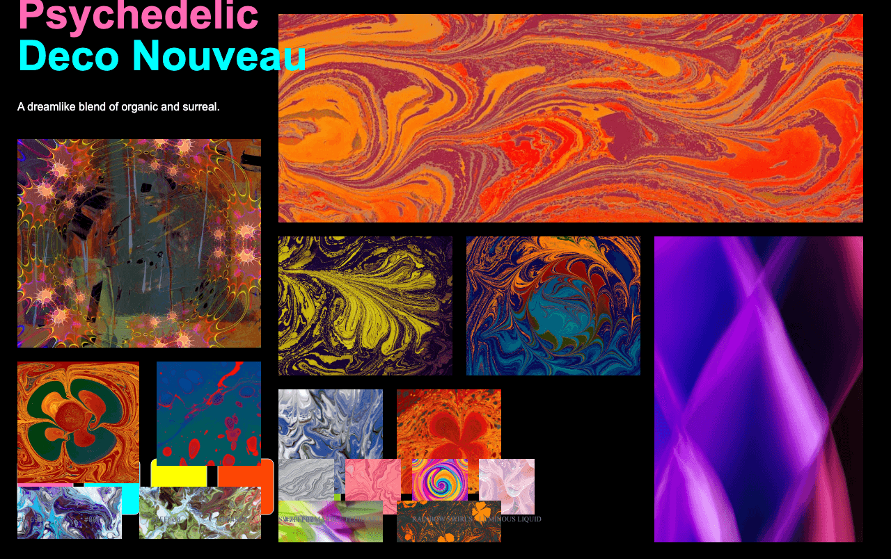 Complete Psychedelic Deco Nouveau moodboard layout with reference images and color palette