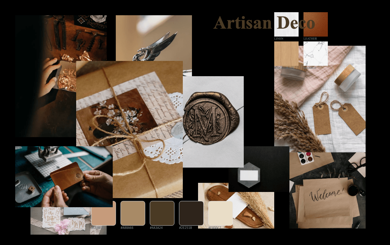 Complete Artisan Deco moodboard layout with reference images and color palette