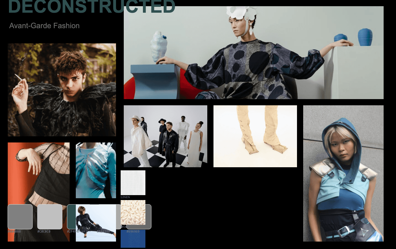 Complete Avant-Garde Deconstructionist moodboard layout with reference images and color palette