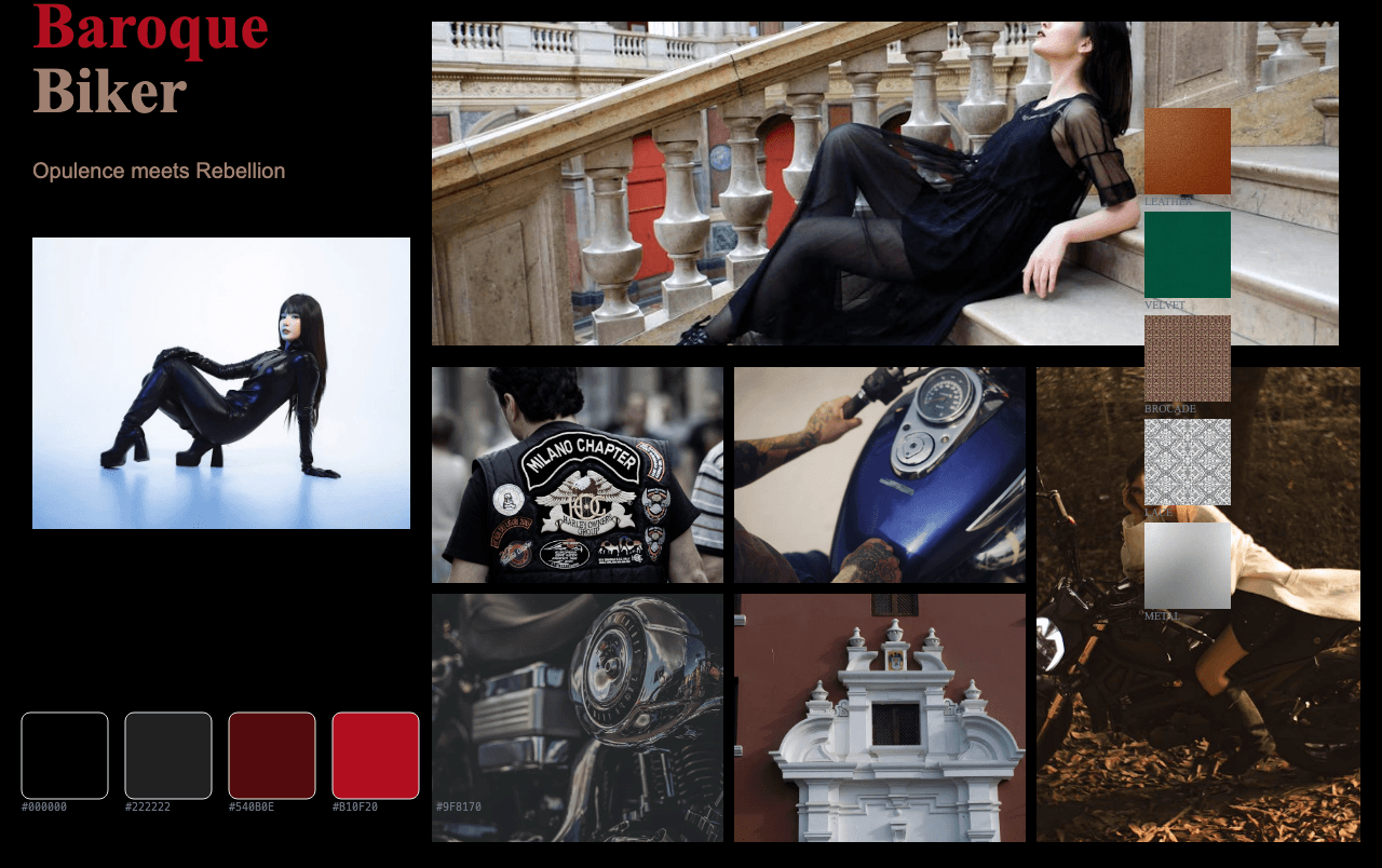 Complete Baroque Biker moodboard layout with reference images and color palette