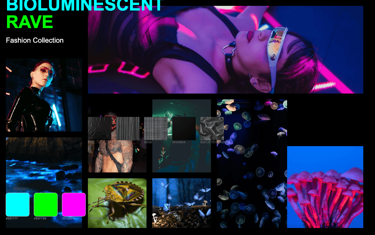 Complete Bioluminescent Rave moodboard layout with reference images and color palette
