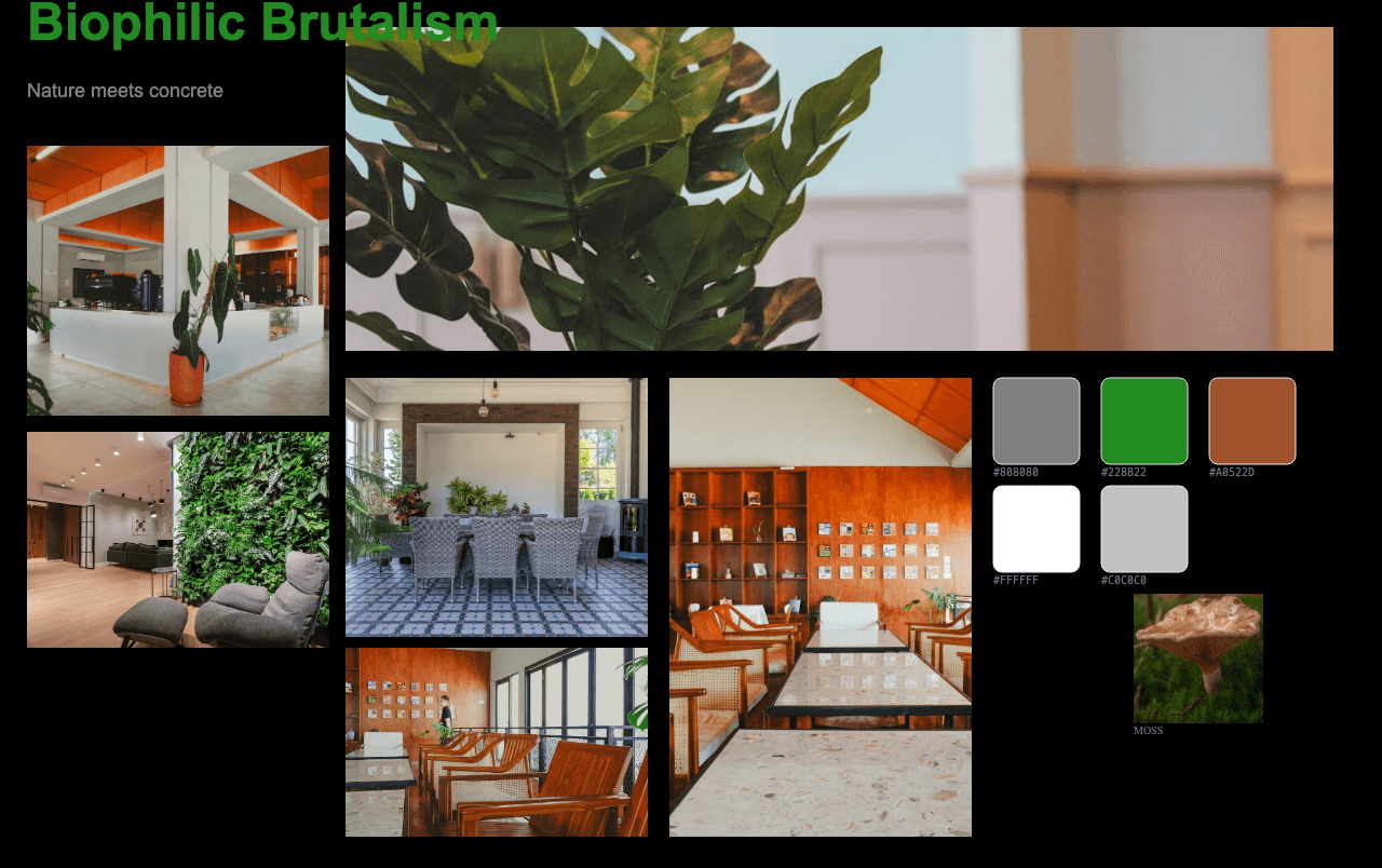 Complete Biophilic Brutalism moodboard layout with reference images and color palette