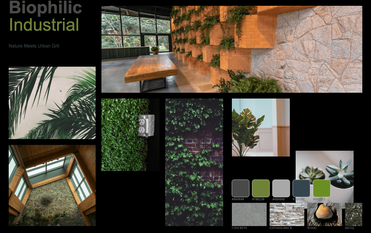 Complete Biophilic Industrial moodboard layout with reference images and color palette
