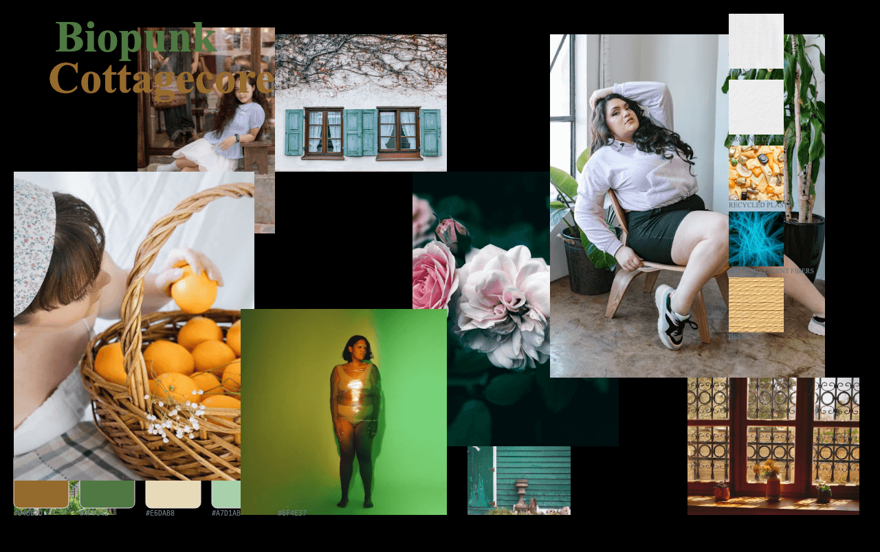 Complete Biopunk Cottagecore moodboard layout with reference images and color palette