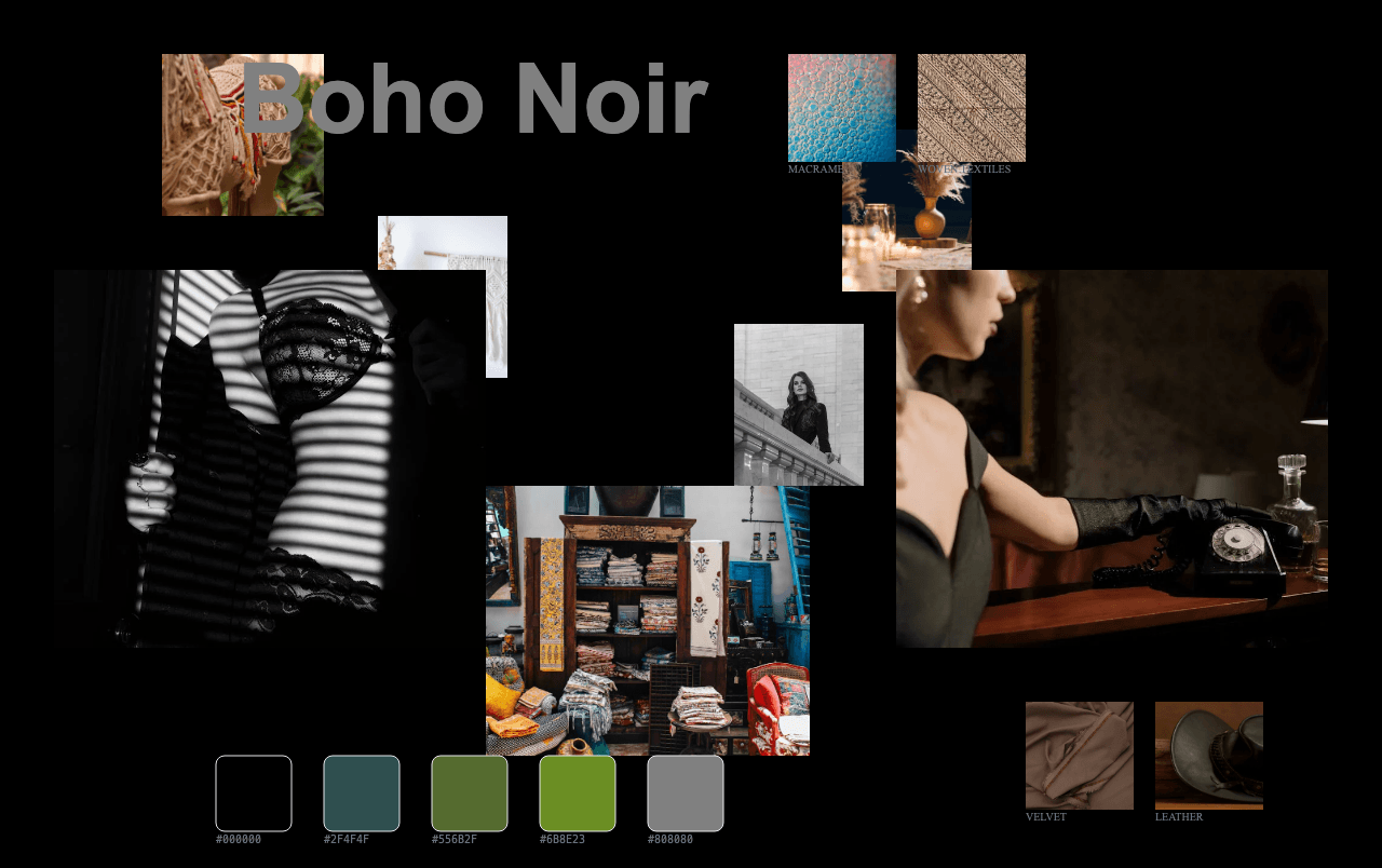 Complete Boho Noir moodboard layout with reference images and color palette