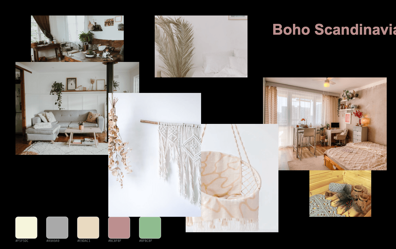 Complete Boho Scandinavian moodboard layout with reference images and color palette