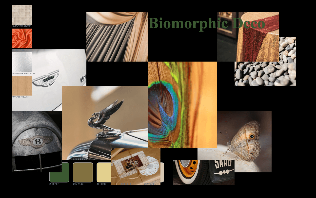 Complete Biomorphic Deco moodboard layout with reference images and color palette