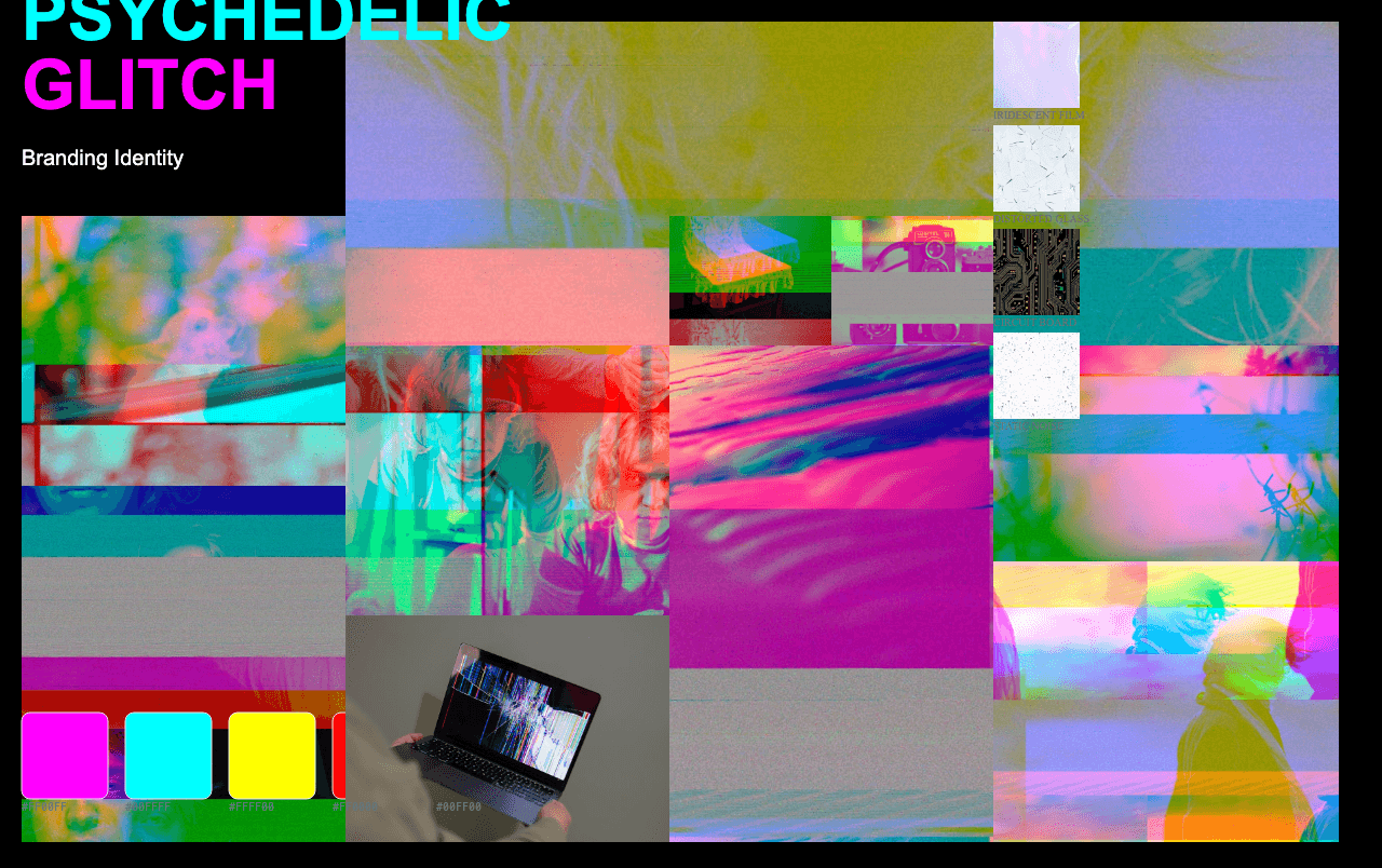 Complete Psychedelic Glitch moodboard layout with reference images and color palette