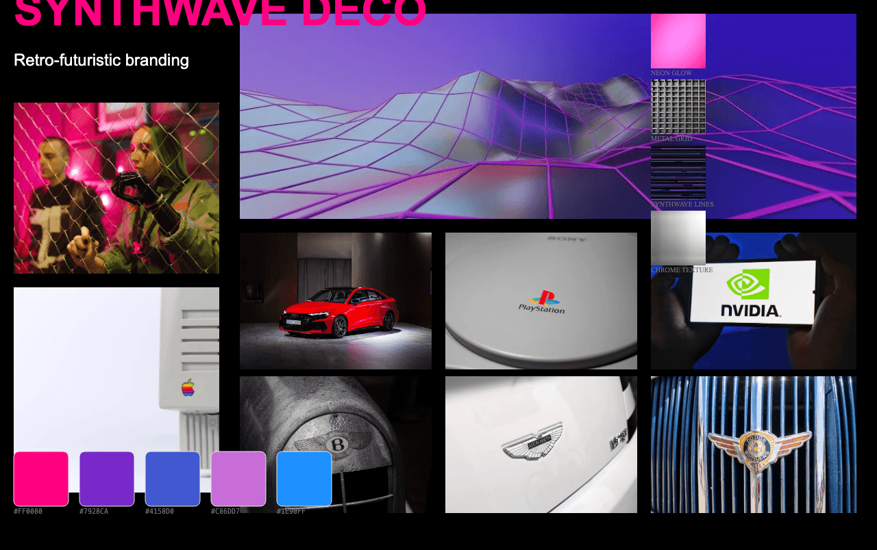 Complete Synthwave Deco moodboard layout with reference images and color palette