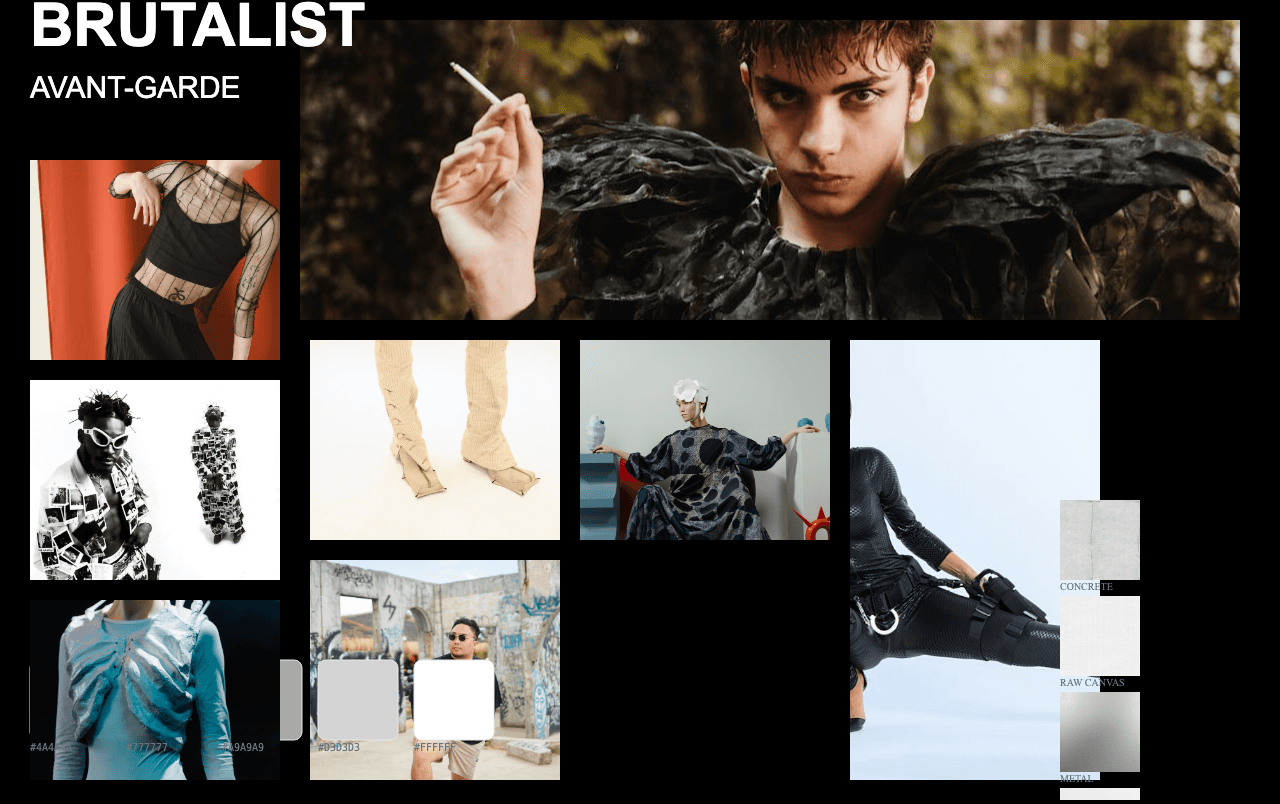 Complete Brutalist Avant-Garde moodboard layout with reference images and color palette