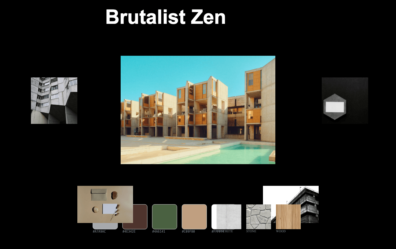 Complete Brutalist Zen moodboard layout with reference images and color palette