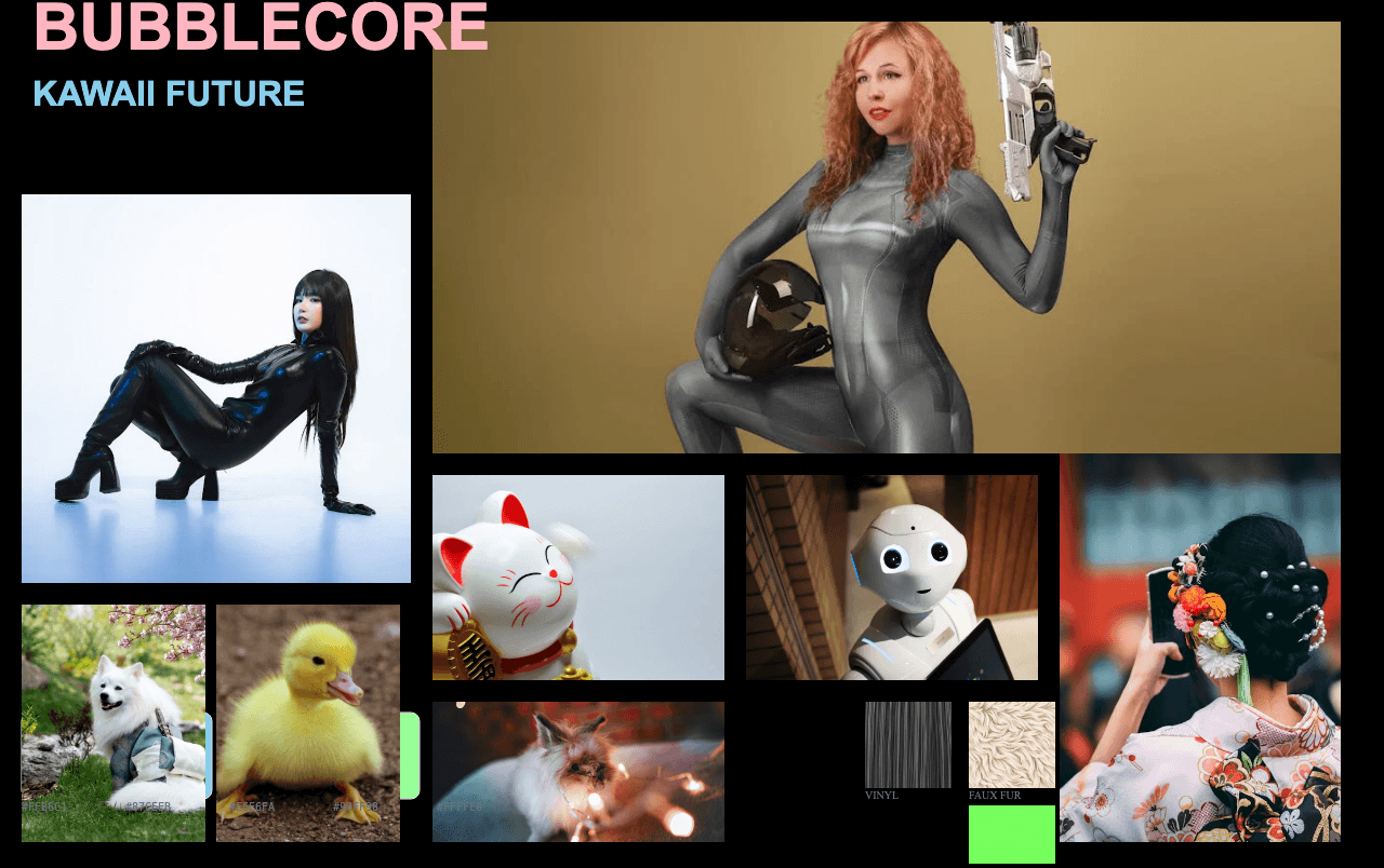 Complete Bubblecore Kawaii Future moodboard layout with reference images and color palette