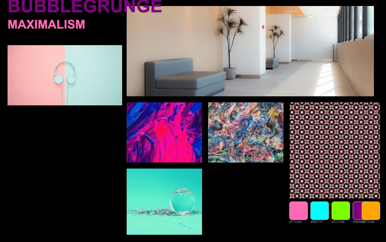 Complete Bubblegrunge Maximalism moodboard layout with reference images and color palette