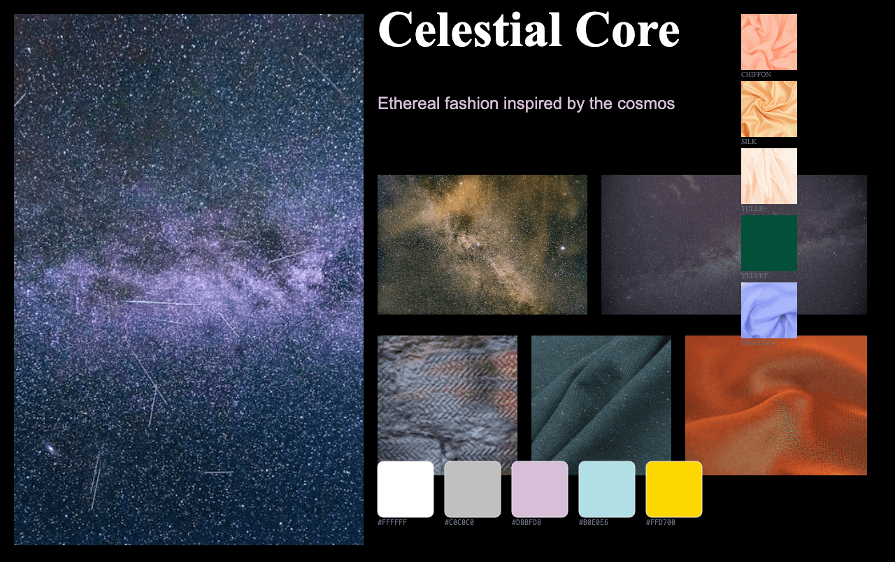 Complete Celestial Core moodboard layout with reference images and color palette